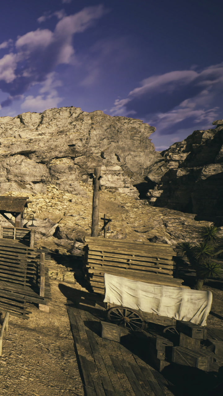 Rustic sunset with wooden structures and rugged rocks in the wild