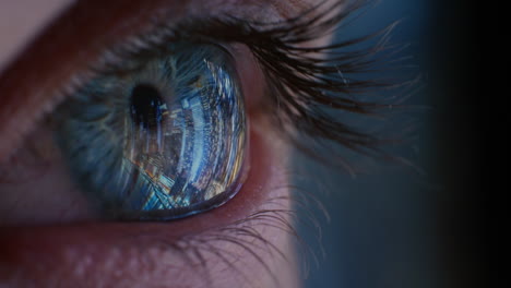 close up macro eye opening city lights reflecting on iris looking at beautiful urban skyline at night