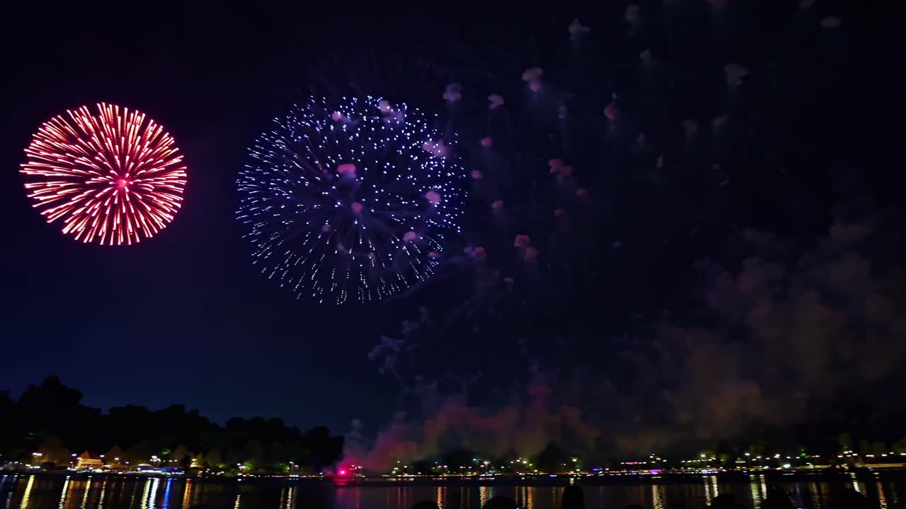 Wide-angle video capturing vibrant fireworks over a serene lake, with reflections and silhouetted