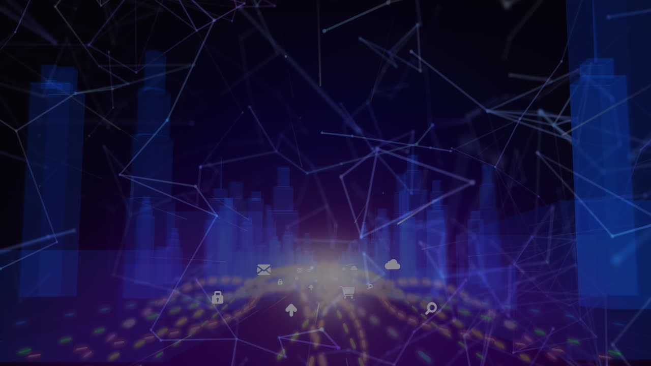 Digital icons moving over 3D city model against network of connections