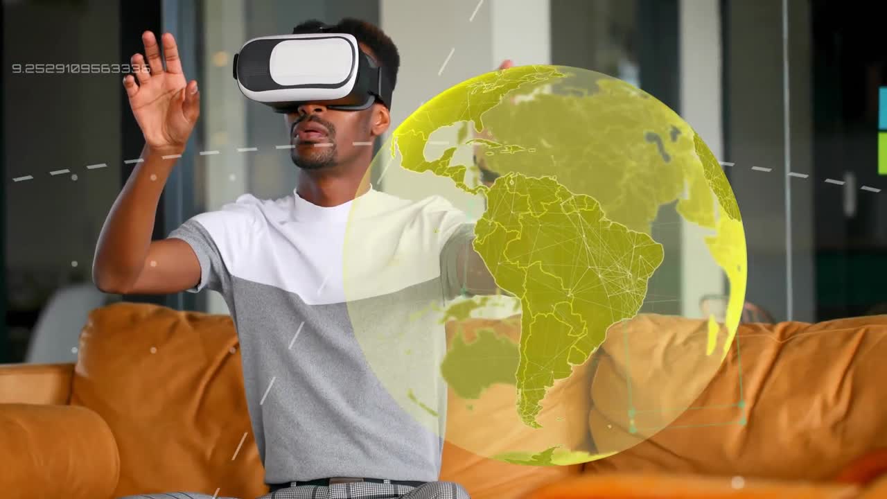 animación de la red de conexión con el mundo sobre el hombre de negocios que lleva auriculares vr