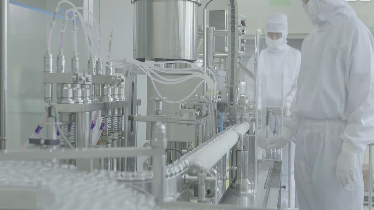 Production Line in Sterile Environment with Lab workers in washing gloves on the background. Scientist hand working in laboratory. science, chemistry and medicine concept. Pharmacist making medicines
