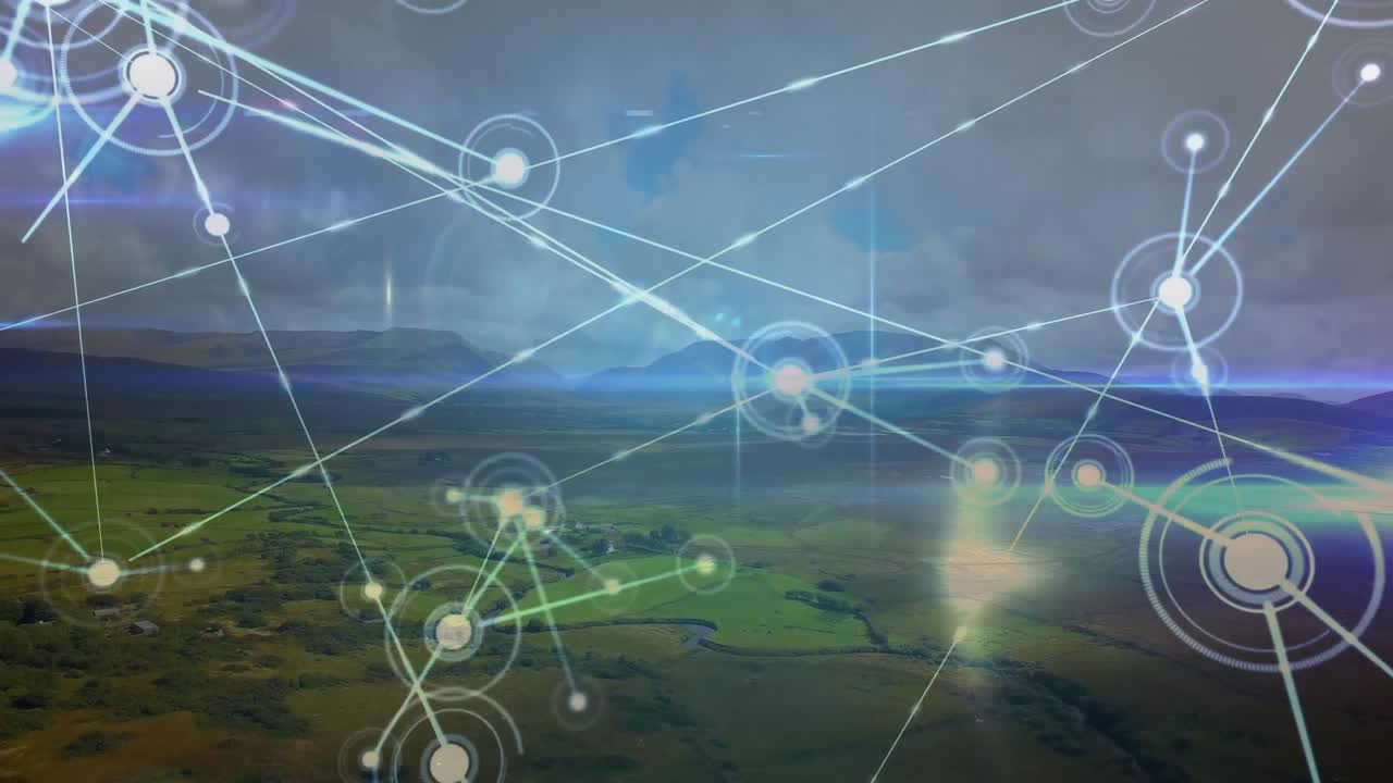 Nodo centrale che appare sopra una valle, quindi avvia connessioni tra nodi e anelli pulsanti che formano una sovrapposizione.