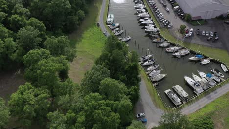 overhead of marina and sunset reveal over mobile bay in alabama