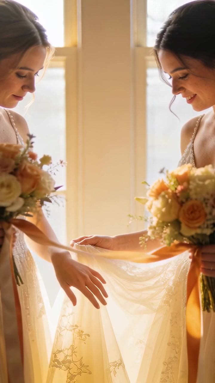 Vertical video: Reaching one woman, two women in gowns fixing train and ribbons in room for wedding