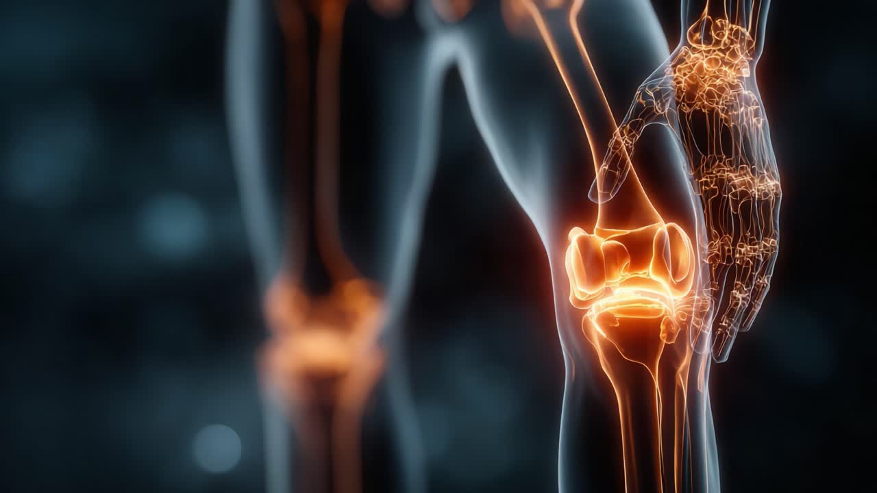 Exploring the Human Anatomy: A Detailed Visualization of the Knee and Hand Joint Structures with Highlighted Biological Functions in a Futuristic Style