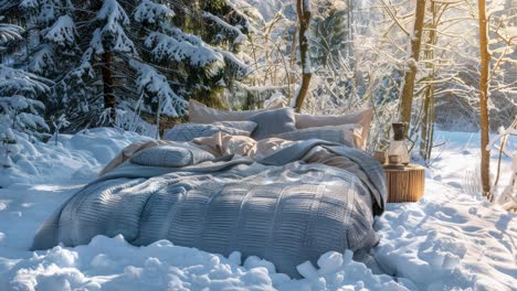 cozy winter bed in snowy forest