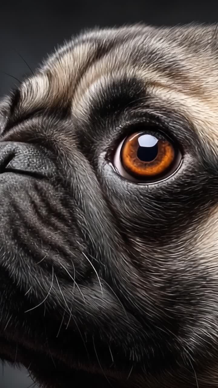 Um Retrato em Close-Up de um Pug Exibindo Suas Características Distintas, Curiosidade e Olhos Castanhos Expressivos em um Cenário de Iluminação Dramática