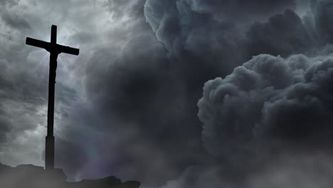 jesus and cross on hill thunderstorm background