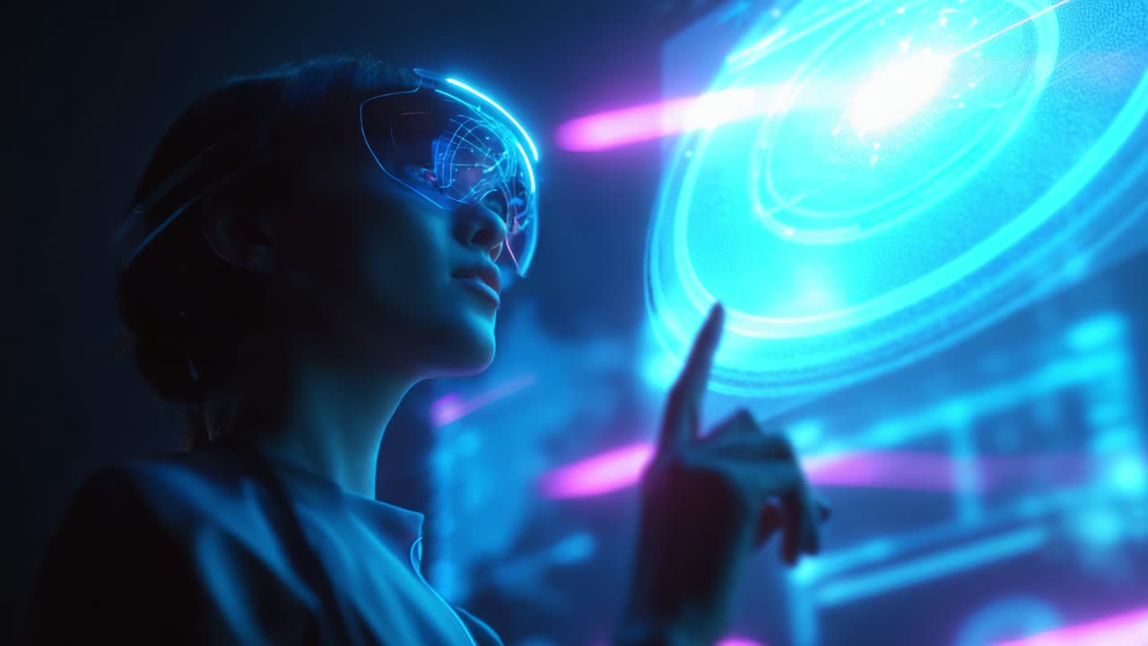 A futuristic scene depicting a woman wearing advanced augmented reality goggles, interacting with a holographic display that showcases intricate digital data and vibrant visuals in a high-tech environment