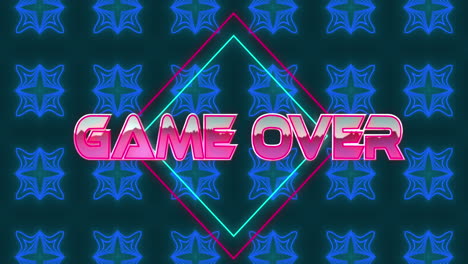 animación del juego sobre texto en letras metálicas rosadas sobre diamantes de neón y formas de caleidoscopio azules