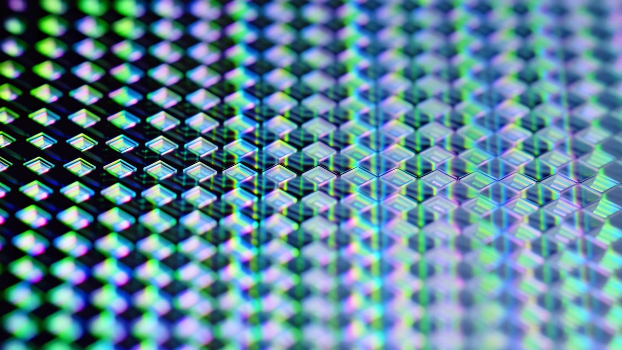 Low-angle view of repeating raised diamond tiles on reflective patterned surface, with shifting spectral bands, diagonal light sweep, shallow focus, glossy sheen and layered depth across dark modern