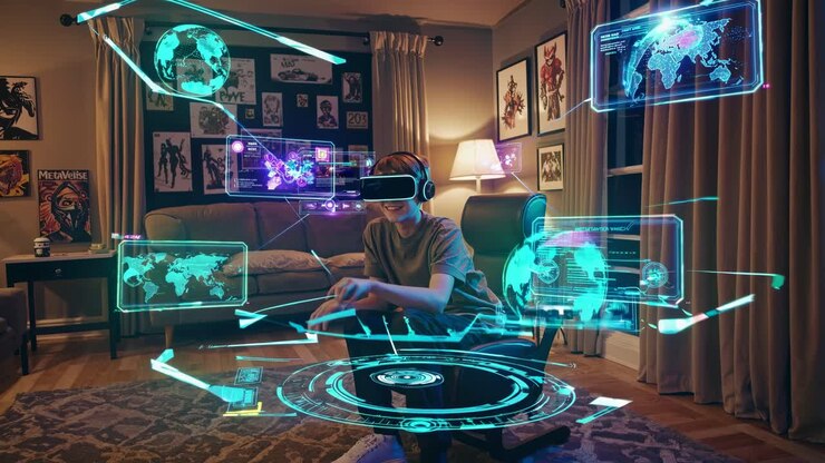 Un giovane che utilizza un visore VR in una stanza accogliente, circondato da display olografici