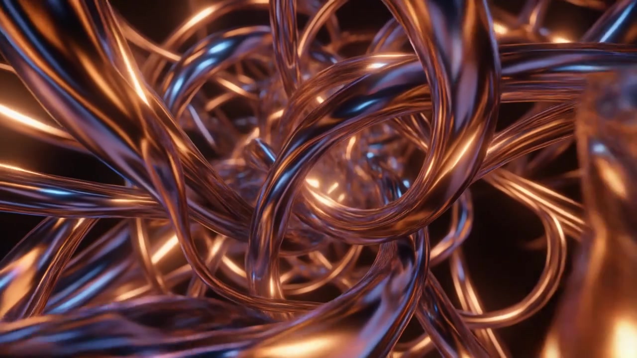Abstract Animation of Intertwined Metallic Tubes with Glowing Reflections