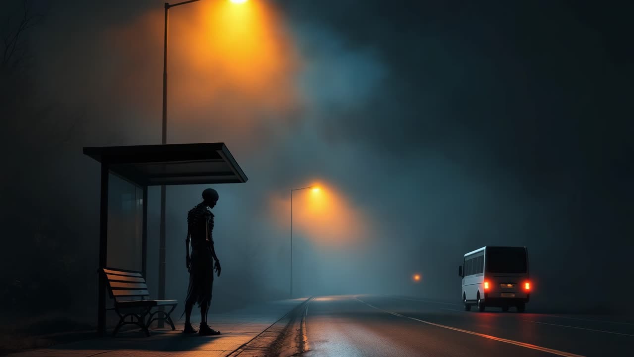 Mysterious figure waits at a foggy bus stop as vehicle approaches under dim streetlights
