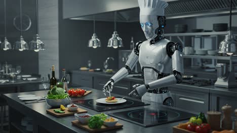 a futuristic culinary robot chef skillfully prepares a gourmet dish in a modern kitchen, showcasing advanced cooking techniques and precision