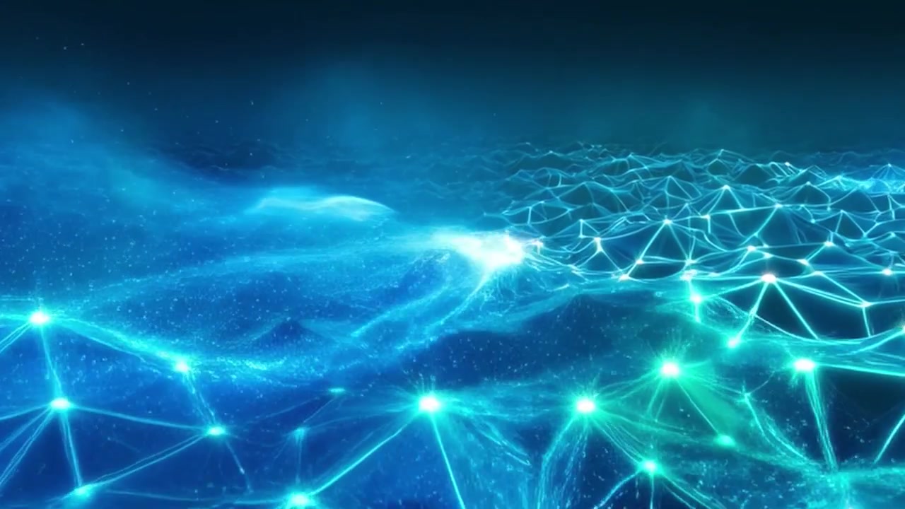 Abstract Digital Network Landscape with Glowing Nodes and Data Flow