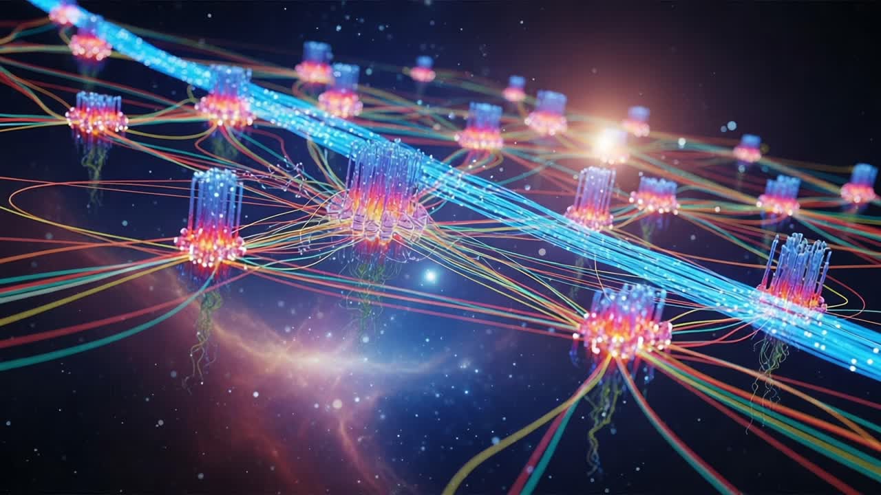 Exploring the Intricate Web of Quantum Connections: A Visual Journey Through Dynamic Networks and Interlinked Data Structures in a Cosmic Setting