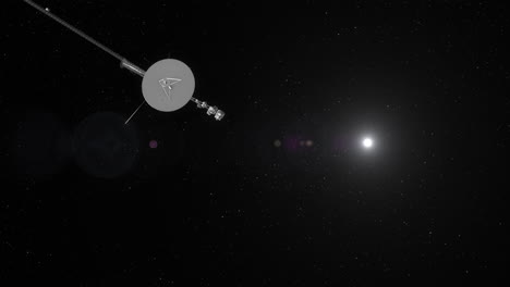 voyager 1 travelling to past rotating camera heading towards deep space with distant sun flare and stars background 4k