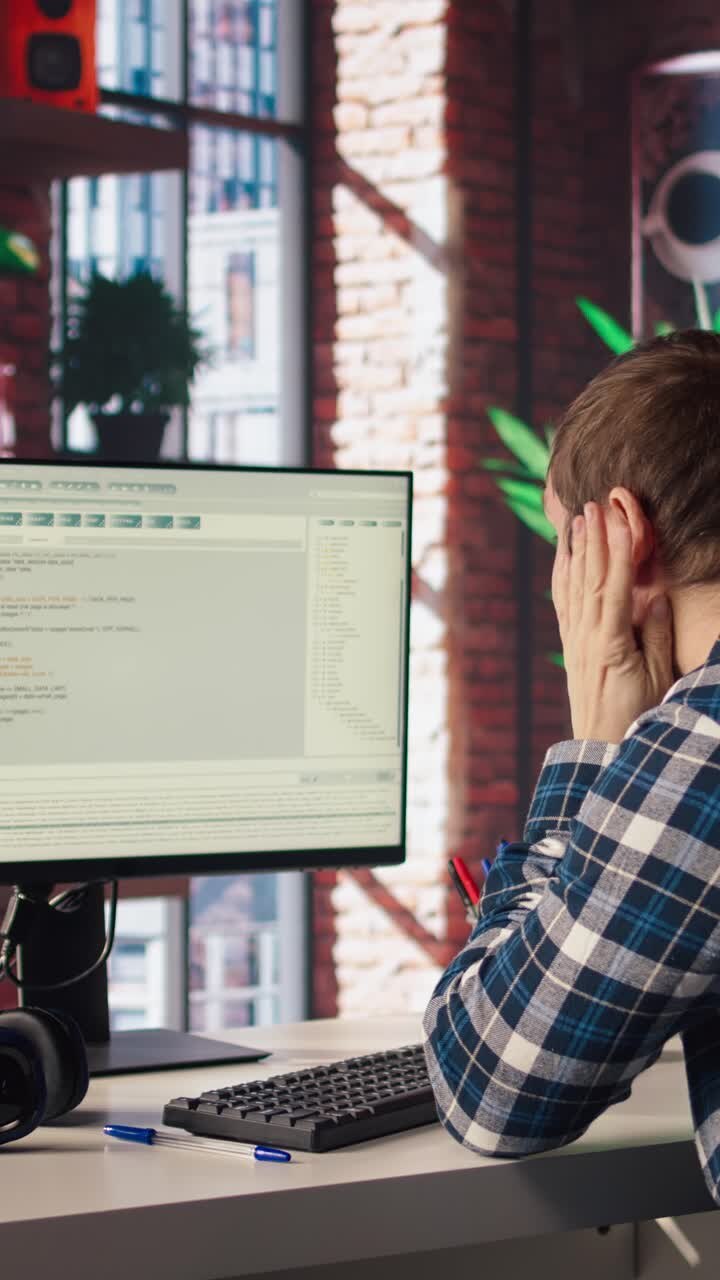 Vertikales Video: Softwareentwickler am Computer wartet gähnend darauf, dass der Code fertig kompiliert wird.