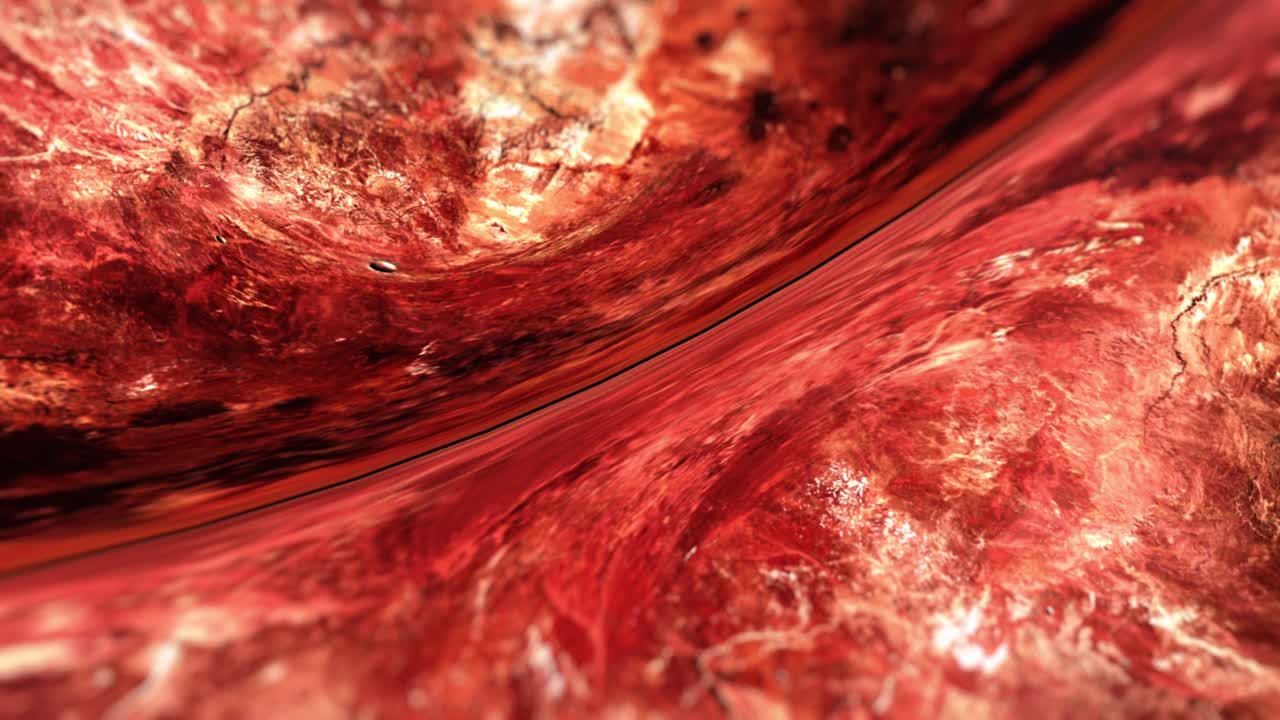 Abstract background space exploration with Grunge red Alien planet texture with a solid surface in outer space. 4K3D rendering galaxy flight fly by the alien red planet, science  technology