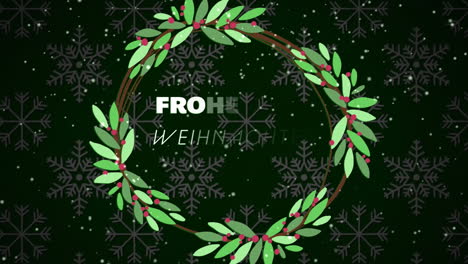animation of frohe wihnachten text and snow falling over green pattern background