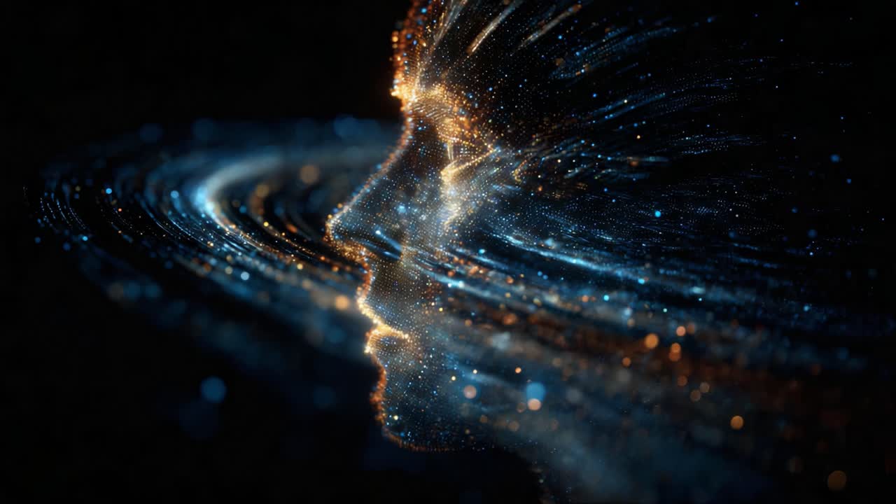 An ethereal visualization of a human face emerging from a cosmic swirl, composed of vibrant particles and luminous trails, representing the fusion of consciousness and the universe in a stunning cosmic dance