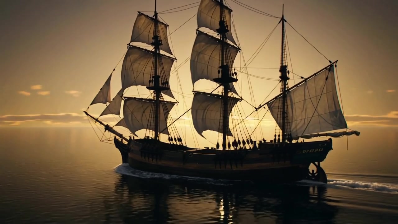 Telecamera che panoramica un veliero a tre alberi che naviga in viaggio attraverso il mare al tramonto, equipaggio in abiti d'epoca