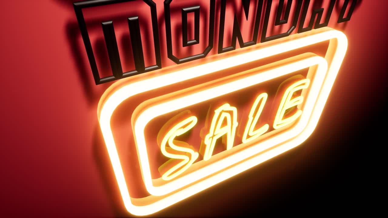 cartel de neón de venta de lunes cibernético en una pared roja brillante con reflejos, luces de neón coloridas que cambian de color y parpadeo, cámara de animación 3d que se aleja hacia arriba