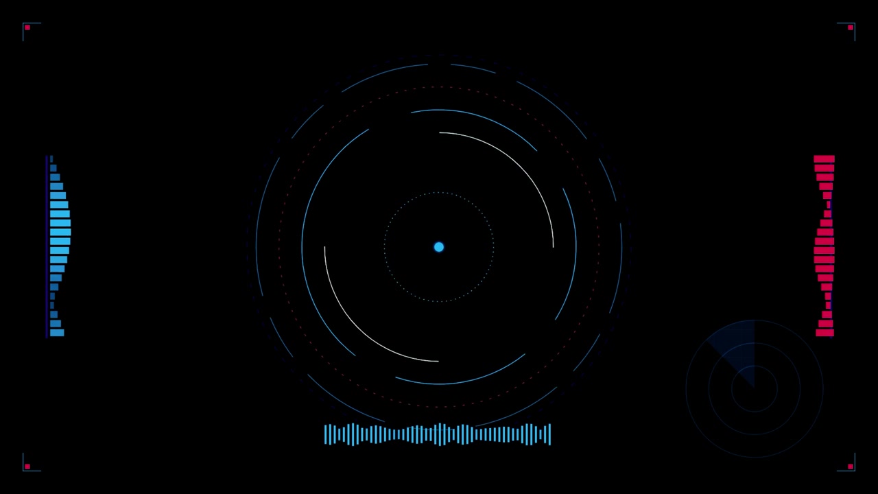 Futuristic Digital HUD Interface with Rotating Circular Scopes and Audio Visualizers