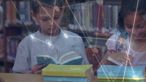 animation of network of connections over diverse boy and girl studying in the library at school