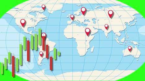 animation of candlestick graphs over a world map, illustrating global economic trends with dynamic transitions and vibrant colors