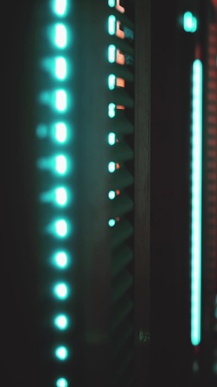 Close-up of server rack lights in a data center