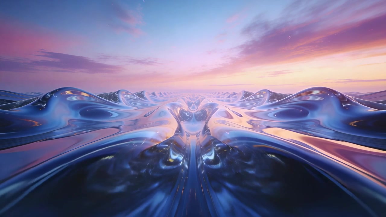 Shifting glossy surface reacting to pastel sunset light, revealing twin ridge and specular points