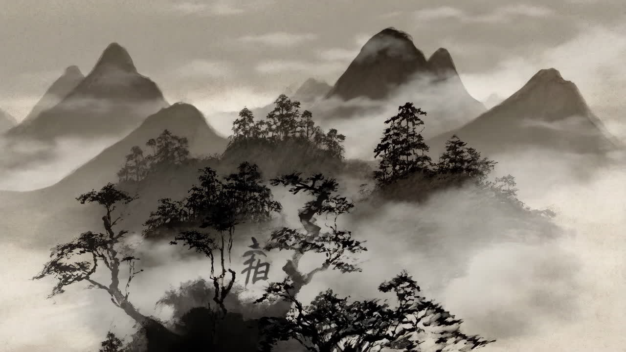 Traditional Chinese Ink Wash Landscape with Mountains, Trees, and Mist