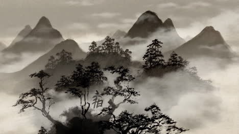 traditional chinese ink wash landscape with mountains, trees, and mist