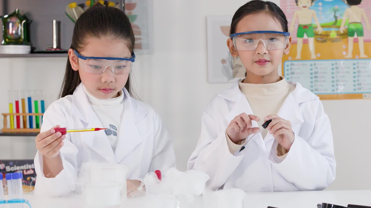 Dua siswa Asia mengenakan jas lab menggunakan pipet tetes untuk percobaan kimia di ruang kelas.
