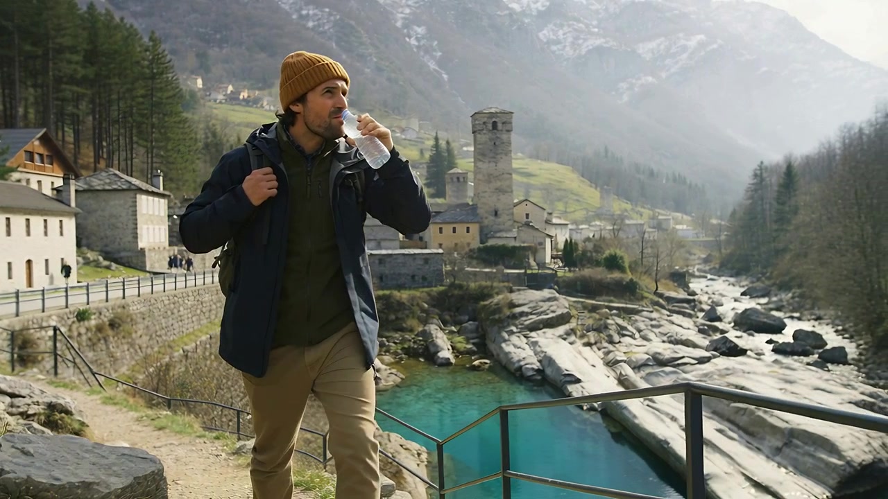 Walking beanie hiker nearing rail drinking bottle to hydrate moving on alpine path, with backpack