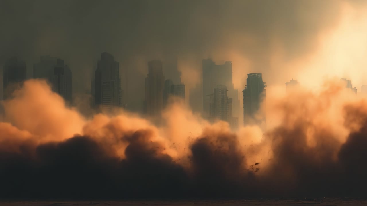 An Overwhelming Scene of Dust and Shadows: A Gloomy Urban Landscape with Billowing Clouds of Dust Hiding Skyscrapers in a Mysterious Atmosphere