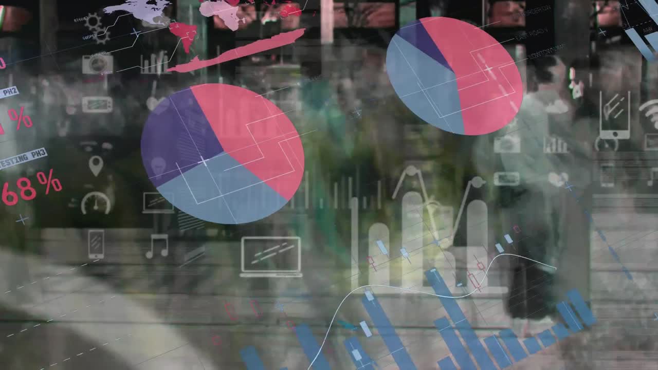 composición digital del procesamiento de datos financieros contra personas que caminan por la calle