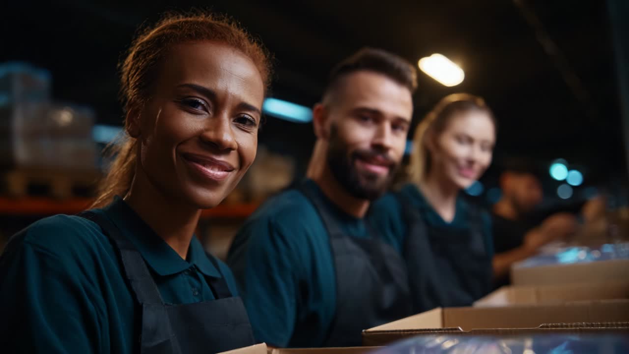 In an industrious setting, dedicated workers engage in their tasks with enthusiasm and teamwork, showcasing smiles and camaraderie while handling packages in a well-organized workspace