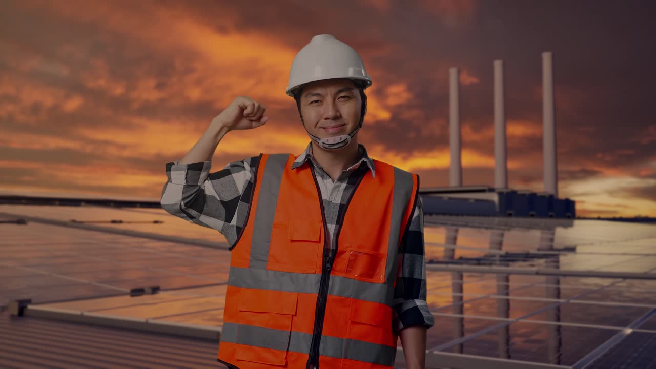Asian Male Engineer With Safety Helmet Flexing His Bicep And Smiling To Camera While Standing, Inspecting Solar Panels on Rooftop at Sunset