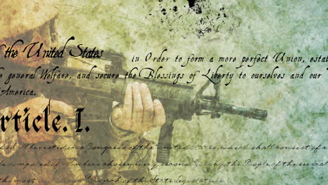 animation of text over male soldier holding machinegun