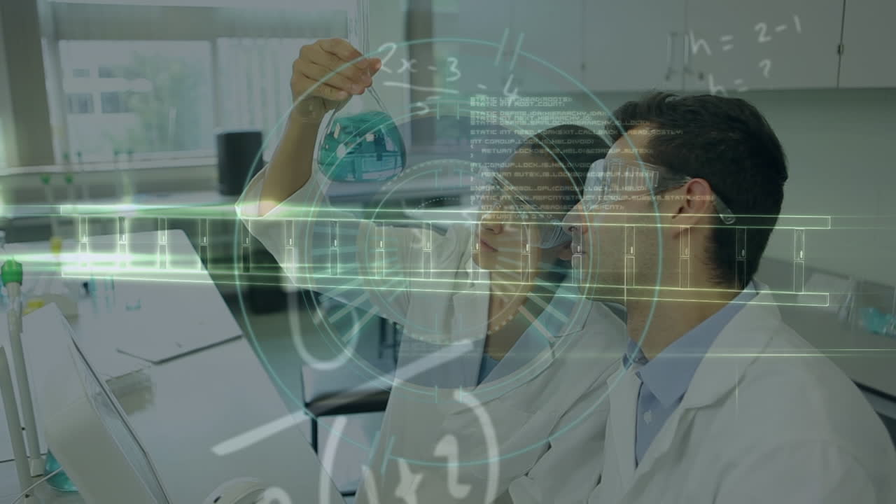 실험실에서 다양한 과학자들에 대한 dna, 데이터 처리 및 범위의 애니메이션