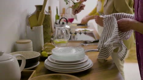 vista lateral de las manos de una mujer madura secando los platos y cubiertos para una cena familiar en la cocina