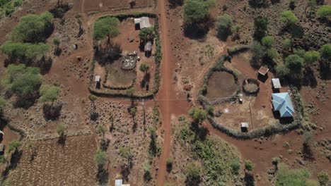 homesteads in traditional masai village at mount kilimanjaro footstep, kenya, aerial top down