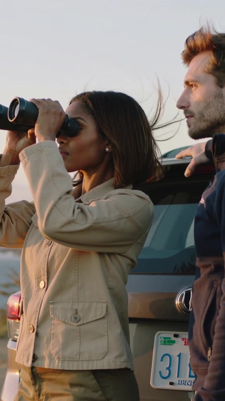 Vertical video: Stepping woman in beige jacket raising binoculars and scanning coastal view by SUV