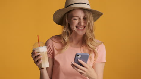 caucasian woman using smartphone during summer holidays.