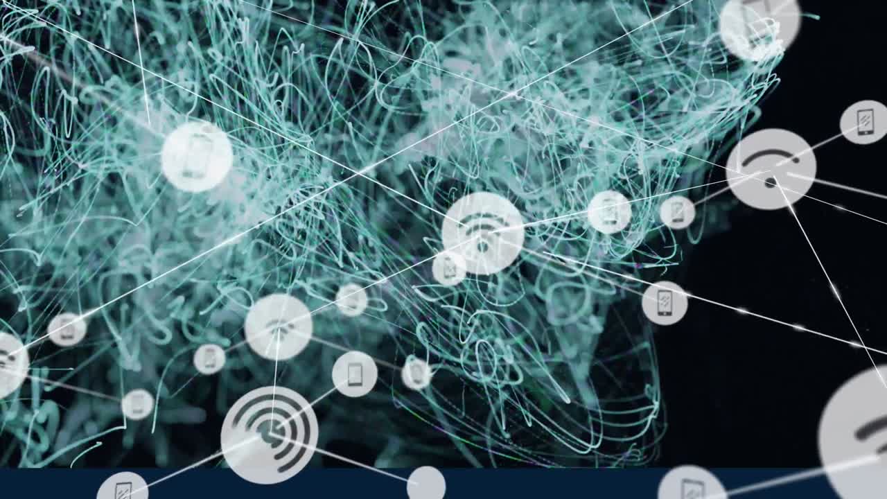 빛나는 초록색 빛 트레일 위의 아이콘으로 연결 네트워크의 애니메이션