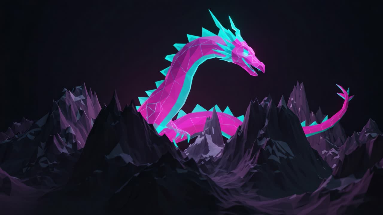 A Majestic Polygonal Dragon Emerges From the Shadows, Looming Over Surreal Mountain Peaks with an Enigmatic Glow, Capturing the Fusion of Fantasy and Digital Artistry